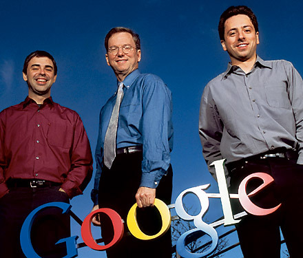 Эрик Шмидт, Ларри Пейдж и Сергей Брин, руководители Google